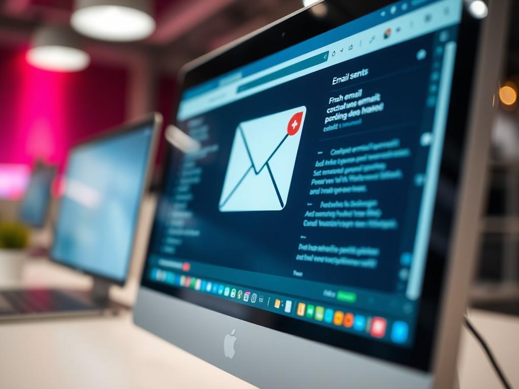 A visually appealing close-up shot of an email client interface on a computer screen, showcasing automated emails being sent. The background should depict a modern workspace with a hint of vibrant color, focusing on the efficiency of email automation.