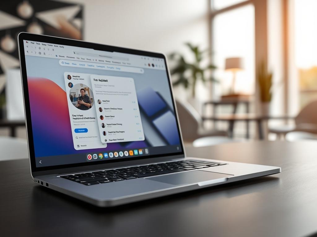 A close-up shot of a sleek laptop displaying a modern website interface, with an AI assistant chat window open on the screen. The background should be a minimalist office space with soft lighting, creating a professional and inviting atmosphere. The laptop should be centered in the image, highlighting the website's design and functionality.