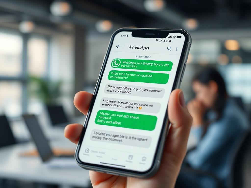 A high-resolution image of a smartphone displaying a WhatsApp conversation interface, with automated messages visible. The background should be a soft-focus office setting, emphasizing the smartphone and its functionality in enhancing communication.