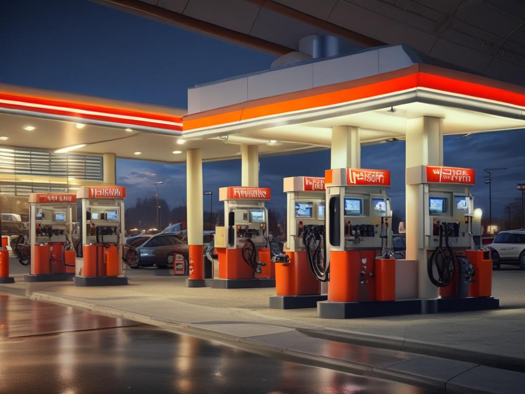 maintenance team at work, outdoor revenue unit, gas station setting,