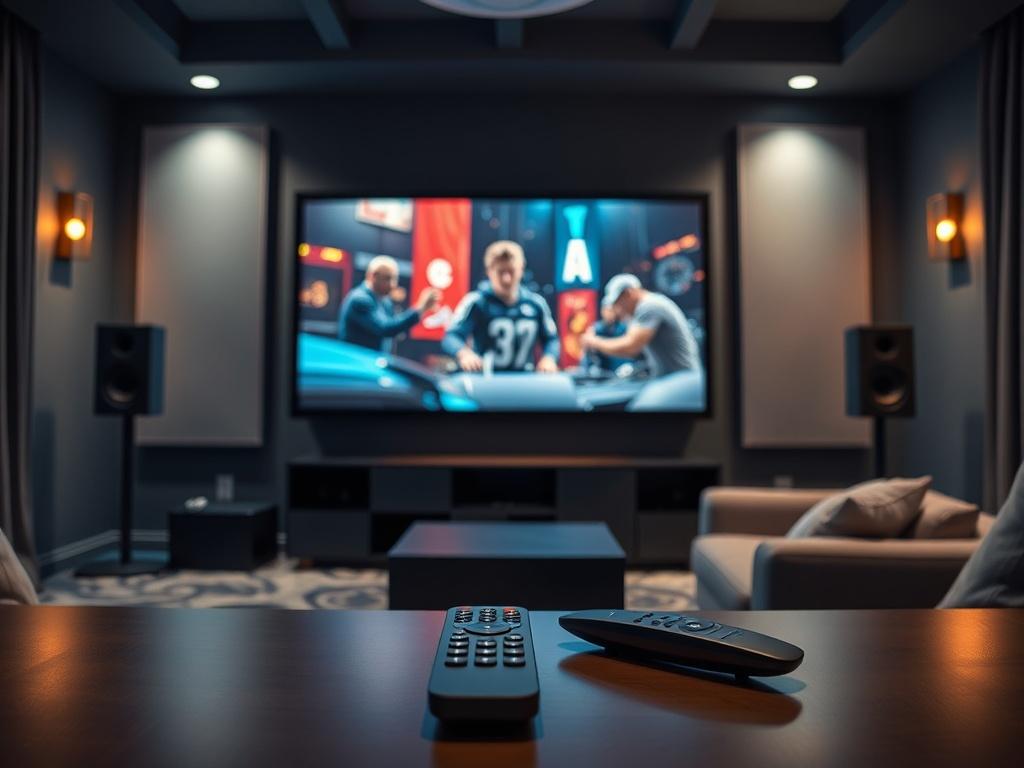 A stylish home theater room with a large screen displaying