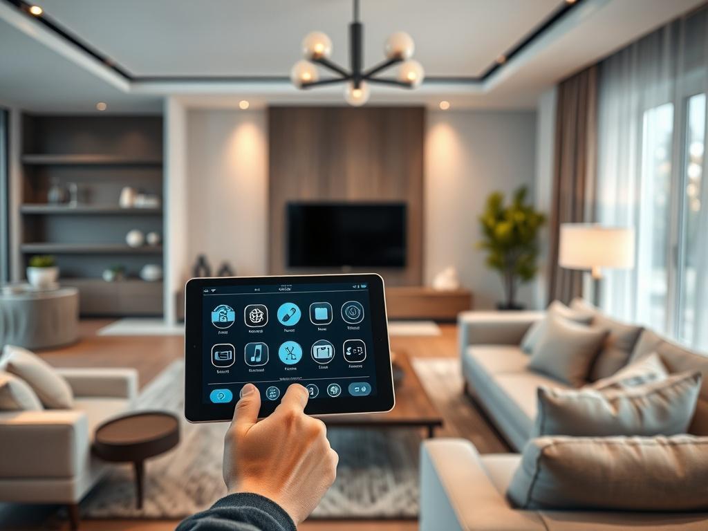 A modern living room featuring smart home automation controls, with