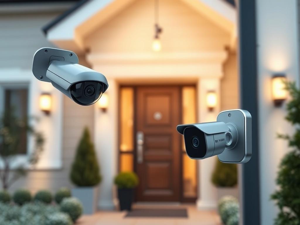 A modern home exterior with an integrated security system featuring