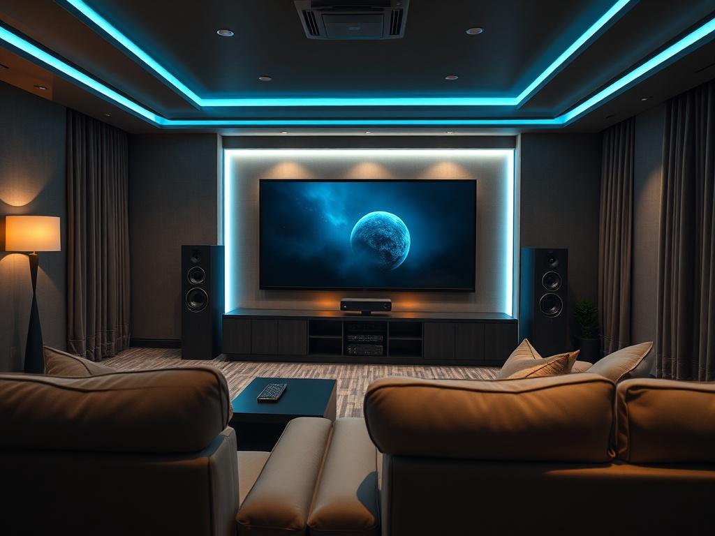 An elegant home theater setup featuring a large high definition