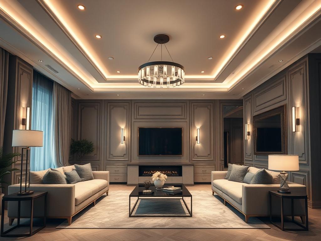 A luxurious living room with modern smart lighting fixtures, showcasing