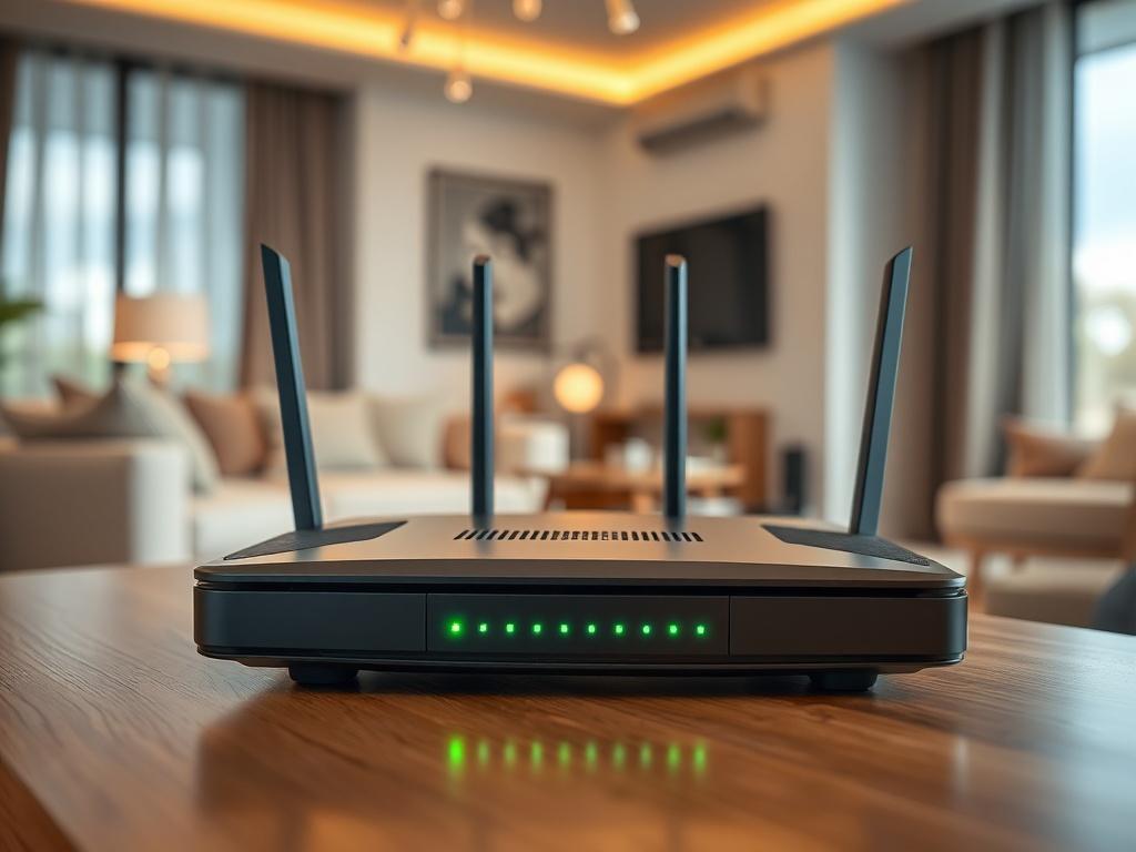 A hyper-realistic close-up shot of a modern Wi-Fi router placed on a sleek wooden table. The router has multiple antennas and LED indicators, with a blurred background showcasing a stylish and contemporary living room setting. The lighting is warm and inviting, emphasizing the router's design, and the color scheme includes shades of green to match the rgb(50, 170, 39) primary color.