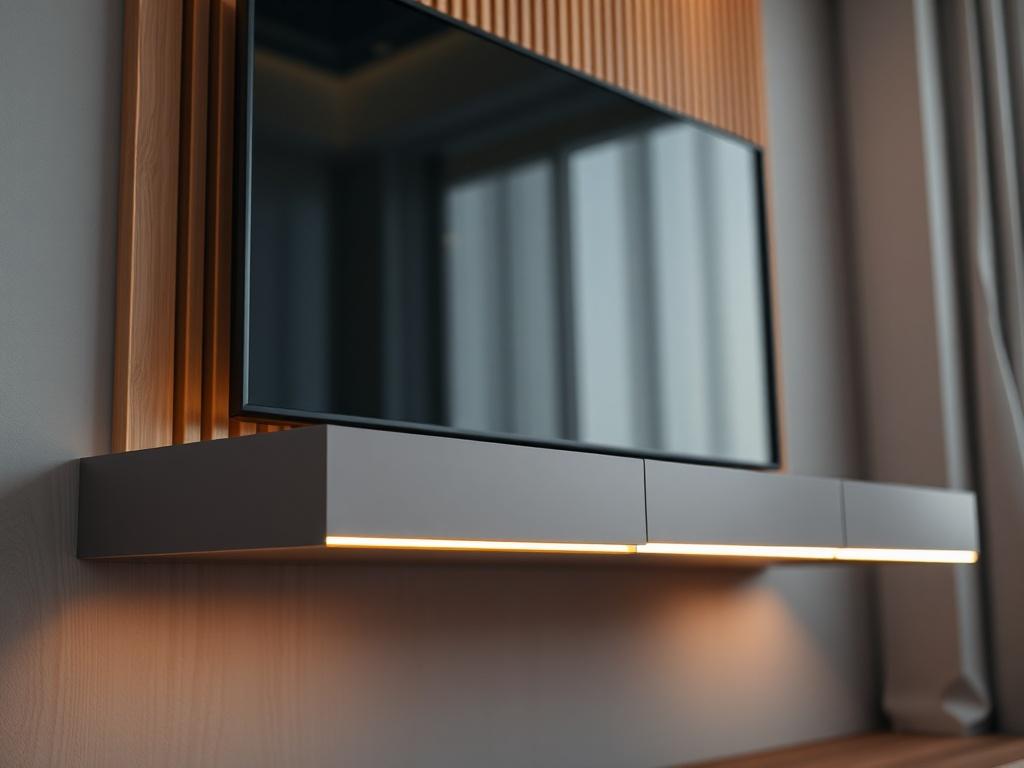 A hyper-realistic close-up shot of a modern floating TV stand with LED strip lights. The stand features wooden slats on the wall behind it, creating a contemporary and minimalist aesthetic. The LED lights emit a warm glow, enhancing the ambiance of the room. The background is softly blurred, focusing on the sleek design of the TV stand. The image is captured with a 45mm f/1.2 lens style, showcasing the details and textures of the materials used.