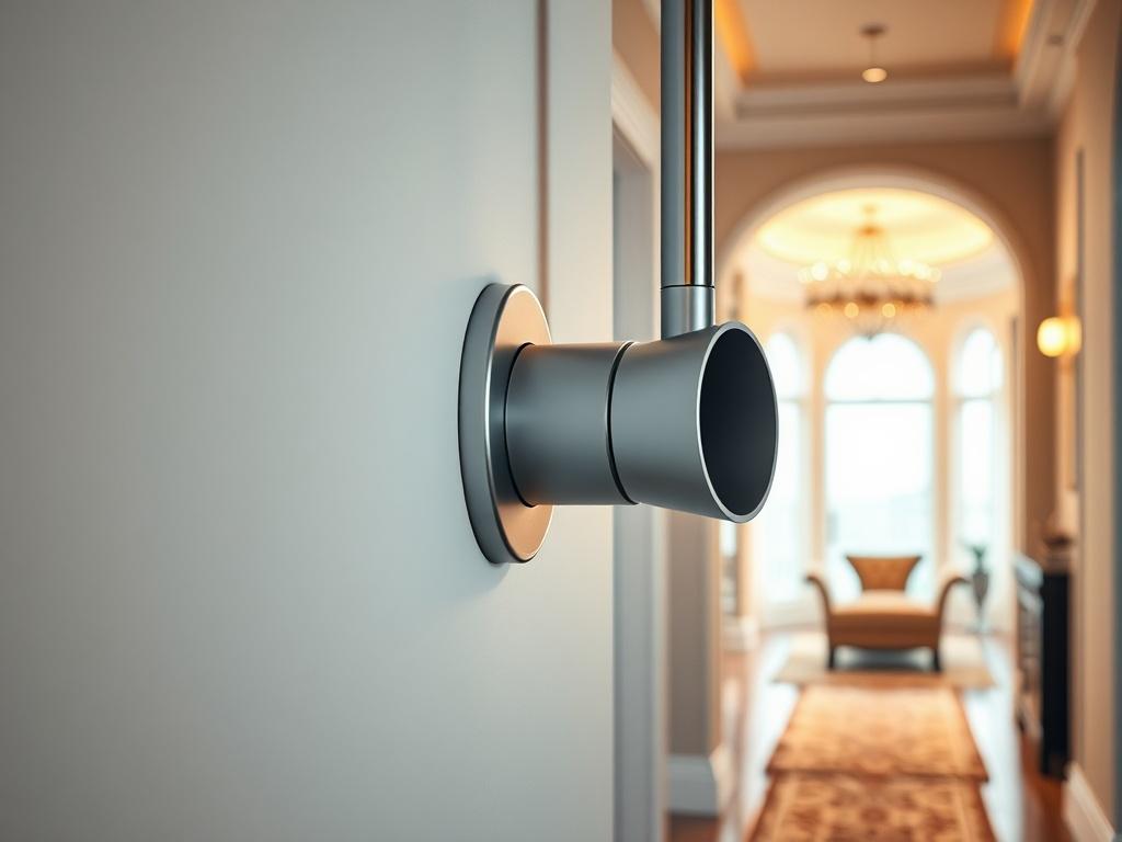A high-resolution close-up shot of a modern central vacuum cleaning system installed in a stylish home. The image should focus on a sleek inlet valve on a wall next to a beautiful hallway. The background should feature elegant home decor, highlighting the system's seamless integration into a contemporary living space. The lighting should be warm and inviting, emphasizing the cleanliness and sophistication of the environment. The image should be rendered in hyper-realistic style with vibrant colors, particul