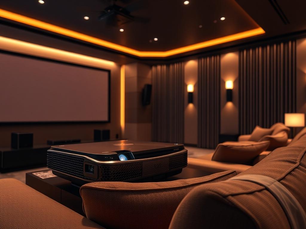 A hyper-realistic close-up shot of a luxurious home cinema setup featuring a large screen, plush seating, and ambient lighting. The focus should be on a sleek projector and high-quality surround sound speakers, with a cozy atmosphere created by dimmed lights. The color theme should incorporate soft, warm tones that invite relaxation, emphasizing the intimate feel of a home theater. Capture the essence of comfort and technology in a single frame.