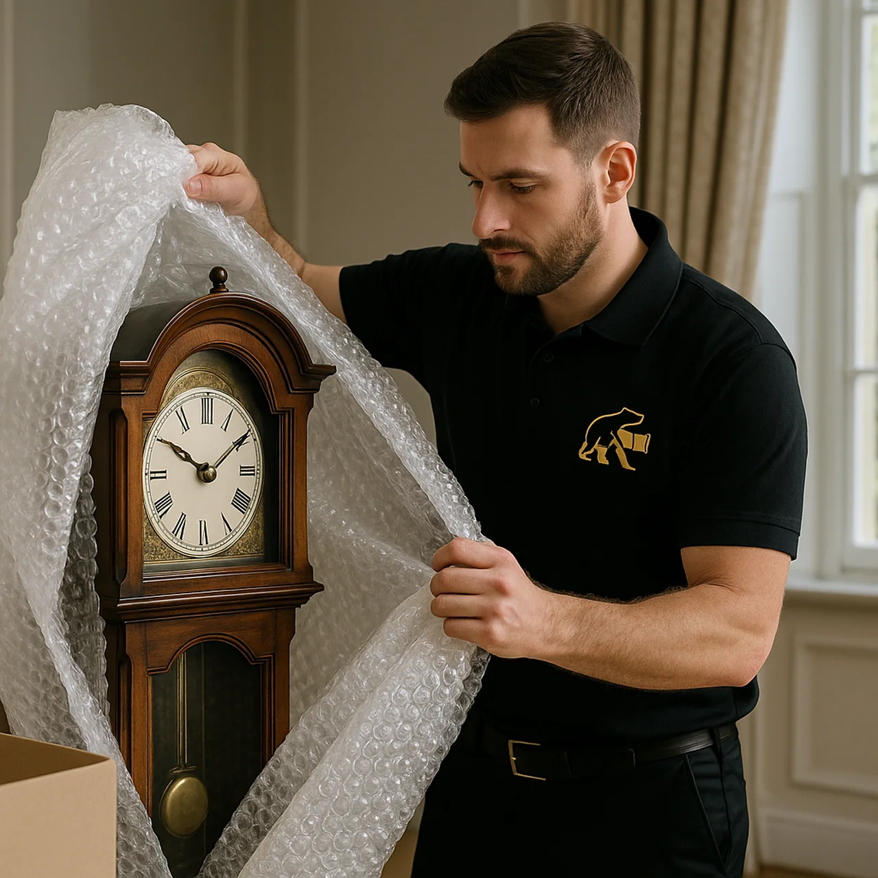 <code>Big Bear Moves removal expert carefully packing a grandfather clock for safe transport during a house move</code>