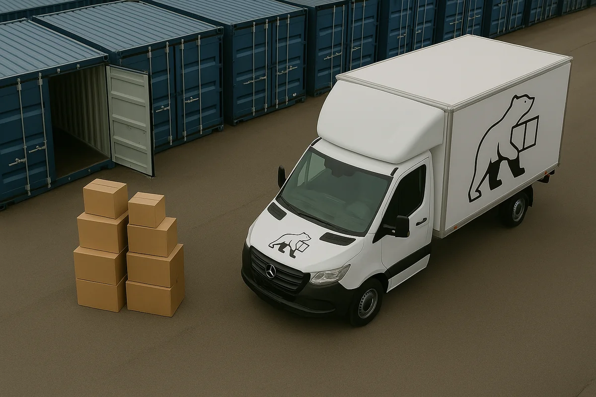 Branded Big Bear Moves van outside storage units, offering removals and storage services in Thame and Oxfordshire