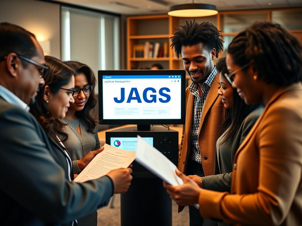 A close-up shot of a diverse group of justice advocates collaborating around a digital interface displaying the JAGS system. The setting is an inviting office space with warm lighting. Focus on their engaged expressions as they discuss legal documents and strategies, emphasizing teamwork and innovation. The composition captures the essence of empowerment, with the RGB color of the background subtly incorporating the primary color rgb(122, 86, 4). The shot is taken with a 45mm f/1.2 lens, highlighting the su