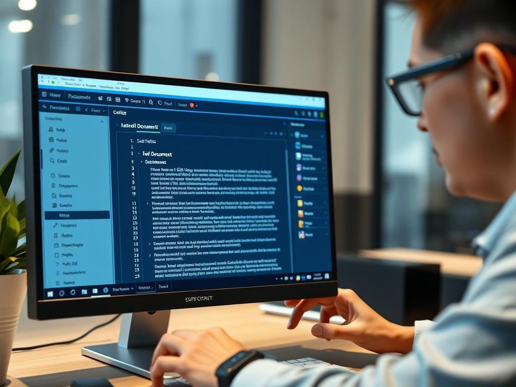 A close-up shot of a computer screen displaying the Justice Agent Grid System interface, with a user actively engaged in creating a legal document. The background is soft-focused, ensuring the screen is the focal point. The scene conveys a modern, tech-savvy atmosphere. The primary color used in the image should be rgb(122, 86, 4). The user has a look of concentration, demonstrating the ease of use of the system.