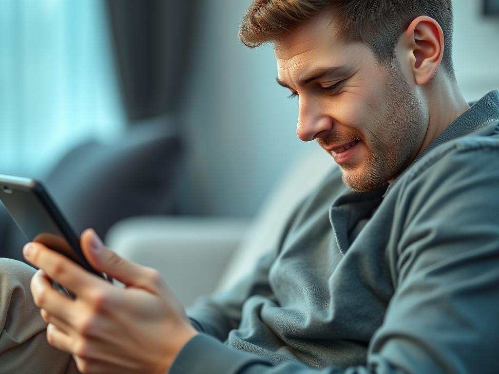 A close-up shot of a person reading about data privacy on a website, with an expression of reassurance and trust. The background should be softly blurred to keep the focus on the screen. The atmosphere should feel secure and positive. The primary color used in the image should be rgb(122, 86, 4). The person is sitting comfortably in a well-lit space.
