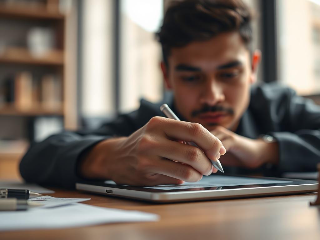 A close-up shot of a person filling out a digital form on a tablet, showcasing a focused expression. The background is blurred, emphasizing the tablet and the person's hands. The image should convey a sense of determination and clarity. The primary color used in the image should be rgb(122, 86, 4). The person is seated at a desk with natural light illuminating the scene.