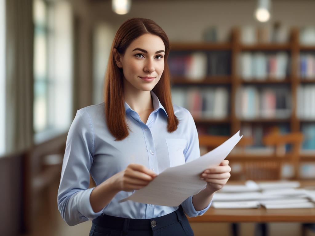 A close-up shot of a determined woman in a professional setting, focused on advocating for disability rights. She stands confidently, holding a document that symbolizes legal reform. The background shows subtle hints of a law office, with soft lighting enhancing her sincerity and determination. The composition is simple and clear, capturing the essence of empowerment and advocacy.