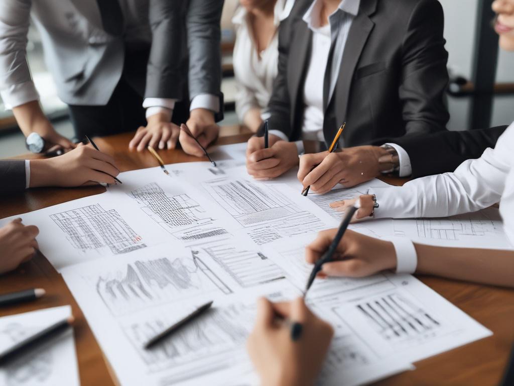 An image depicting a diverse team of professionals brainstorming around a table, with charts and legal documents spread out. The atmosphere should convey collaboration and determination, with a focus on teamwork and strategy.
