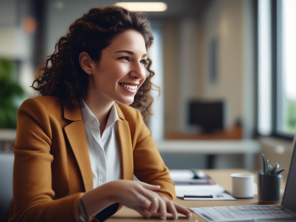 A close-up shot of a professional woman in a warm office setting, engaged in a conversation with a client, depicting empathy and understanding. The background should be simple and inviting, featuring soft lighting to create a welcoming atmosphere.