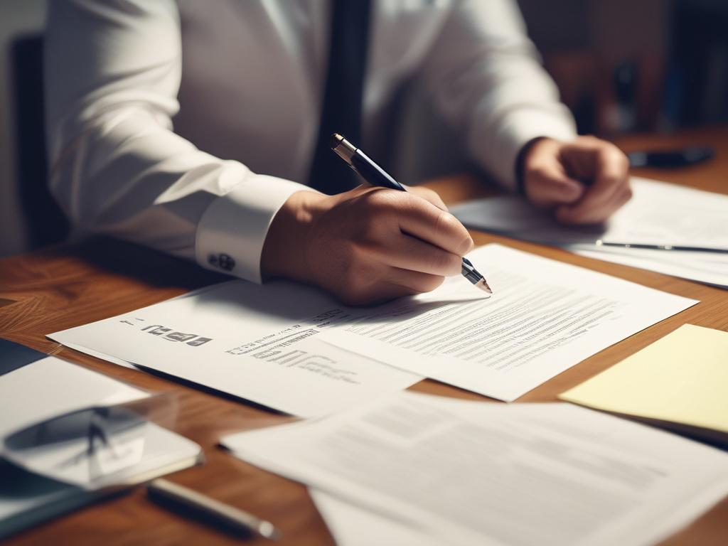 A focused image showing a professional reviewing documents at a desk, with papers and a laptop present, symbolizing diligence and attention to detail. The background should be bright and organized, reflecting a professional workspace.