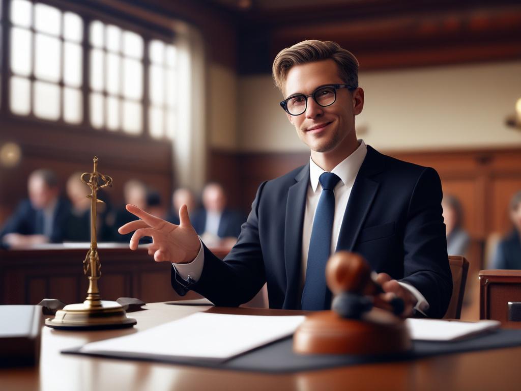 A close-up image of a confident lawyer presenting a case in a courtroom setting, embodying professionalism and dedication. The background should include elements of a courtroom, highlighting the seriousness and importance of legal advocacy.