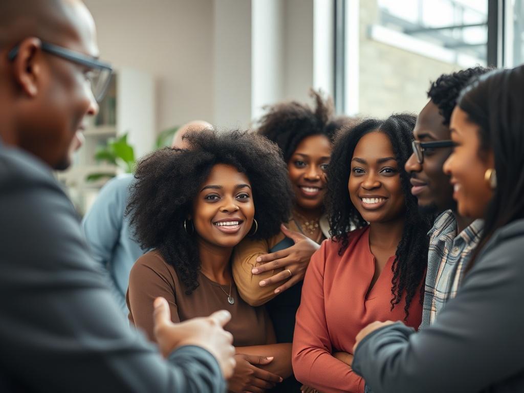 A close-up shot of a diverse group of individuals engaged in a dynamic discussion, representing empowerment and collaboration. The background should be softly blurred, highlighting the group as the focal point, with natural lighting to enhance the atmosphere of inclusivity and innovation.