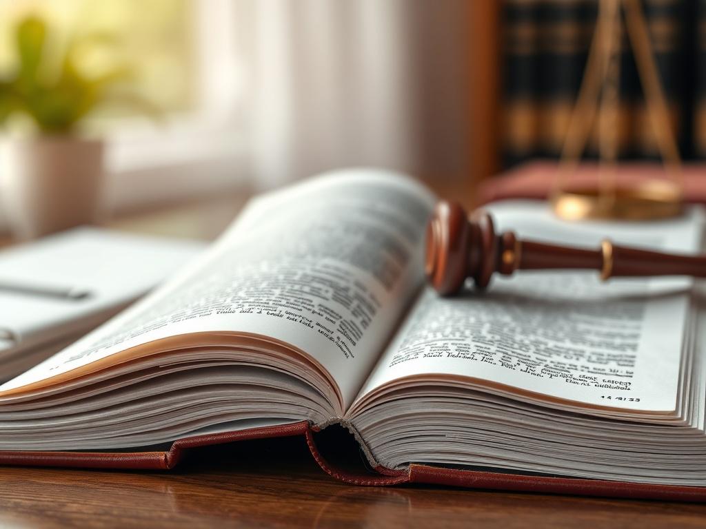 A close-up shot of an open legal book on a desk, symbolizing guidance and advocacy. The scene should have soft, natural lighting, with a focus on the pages of the book. The background should be blurred to emphasize the book as the main subject, capturing a sense of professionalism and support.