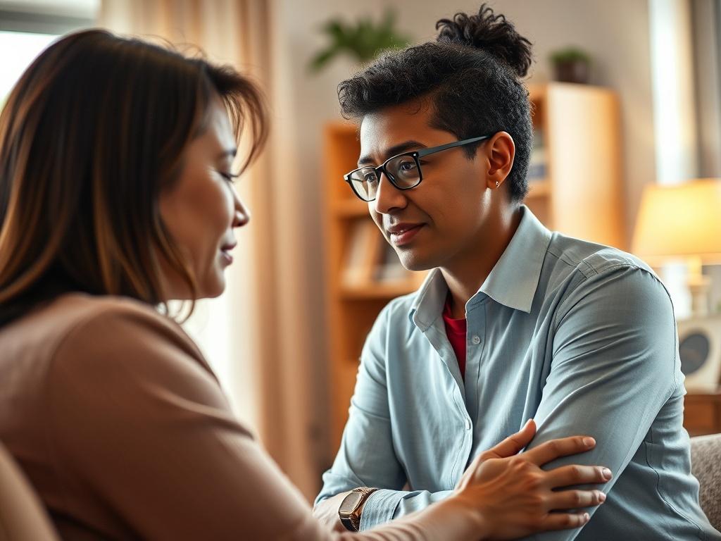 A close-up shot of a compassionate advocate listening intently to a client in a cozy, welcoming office setting. The focus should be on the two individuals, with soft lighting creating a warm and supportive atmosphere. The background should be subtly blurred to emphasize the connection between them.