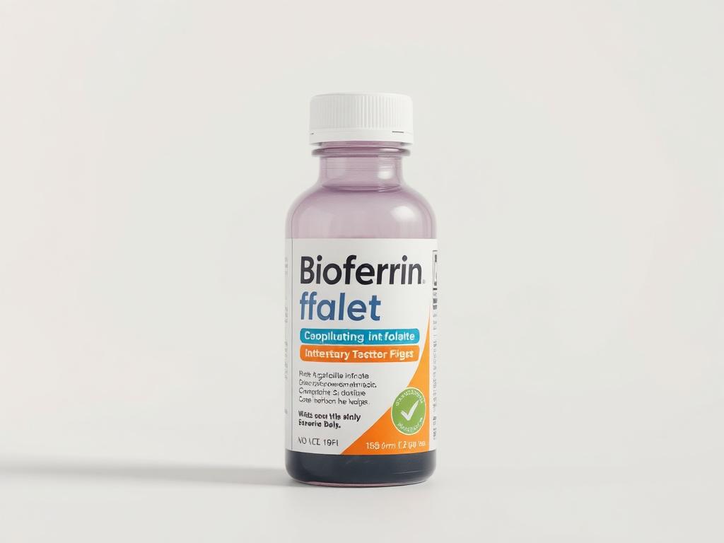 A close-up shot of a bottle of Bioferrin folate® on a simple, clean background. The bottle should be the main focus, showcasing its sleek design and label. The lighting should be soft yet bright to highlight the product's features, with a slightly blurred background to emphasize the product. The image style should reflect a hyper-realistic rendering, captured with a 45mm f/1.2 lens, and the primary color should be rgb(50, 170, 39).