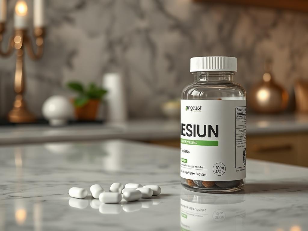 A close-up shot of a bottle of magnesium tablets on a marble countertop, with a few tablets placed beside the bottle. The background should be elegantly styled to enhance the premium feel of the product.