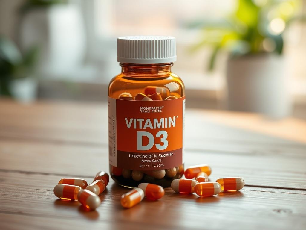 A close-up shot of a bottle of Vitamin D3 capsules on a wooden surface, with a few capsules scattered around. The background should have soft natural lighting to create a warm and inviting atmosphere.