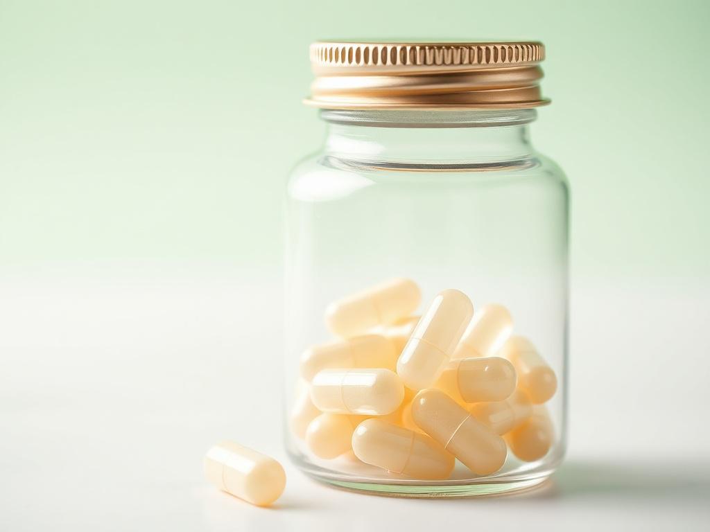A close-up shot of Vitamin D3 capsules in a small, elegant glass jar. The background should be softly blurred, featuring a light green color that complements the product. The focus should be on the jar, highlighting the capsules inside.