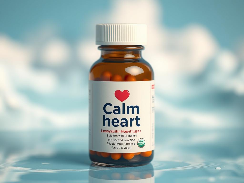 A hyper-realistic close-up shot of the 'Calm heart' supplement bottle. The bottle should be prominently displayed in the center of the image, with a clear label showcasing the product name. Surrounding the bottle, create a serene and calming background with soft, blurred elements that evoke a sense of tranquility, such as gentle waves or soft clouds. The image should be rendered in high-resolution, with vivid colors that complement the primary color rgb(50, 170, 39). Focus on creating a peaceful and invitin