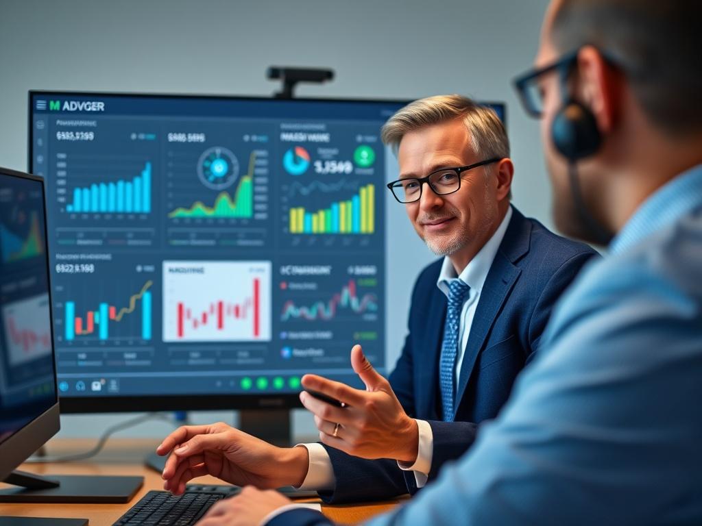 A financial advisor on a video call with a client,