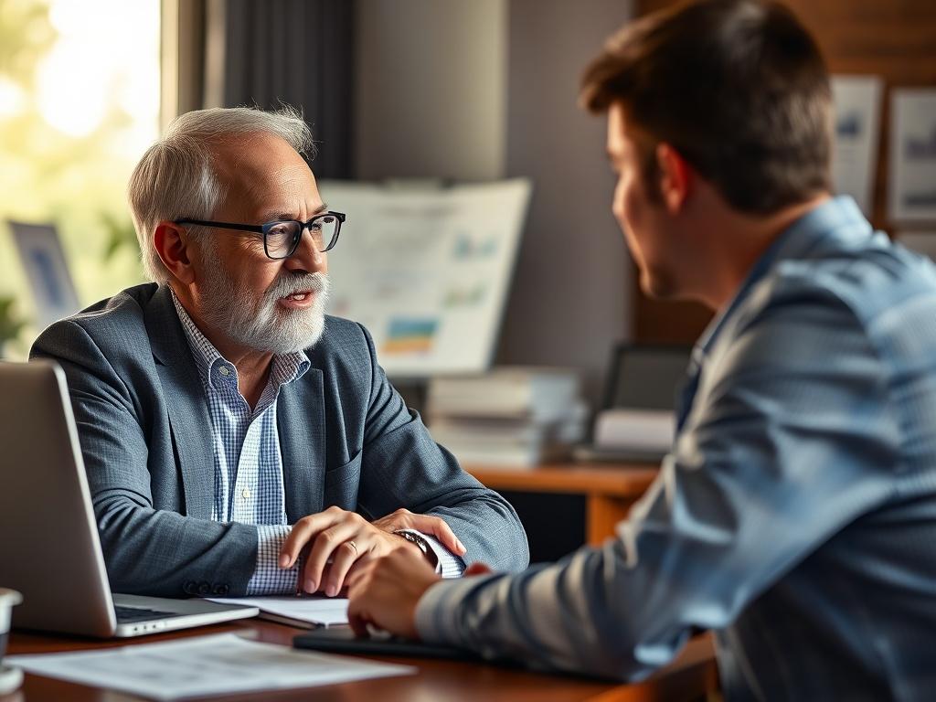 A veteran consultant sitting at a desk with a client,