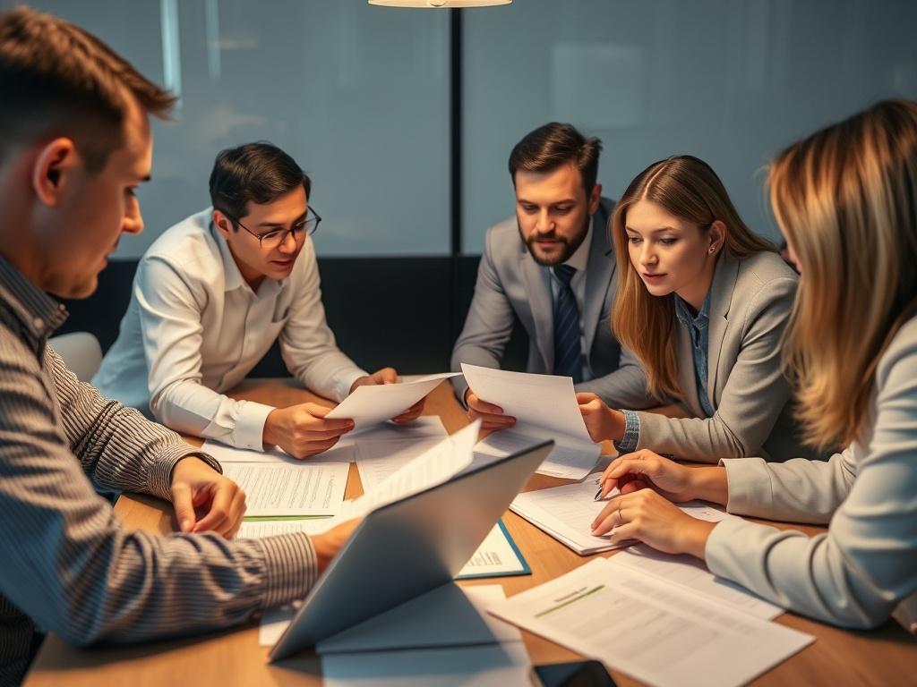 A group of financial advisors brainstorming over a table filled