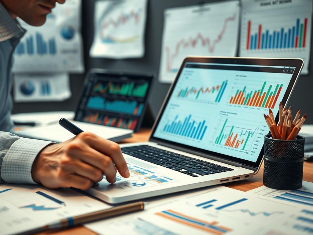 An analyst reviewing financial reports and graphs on a laptop,