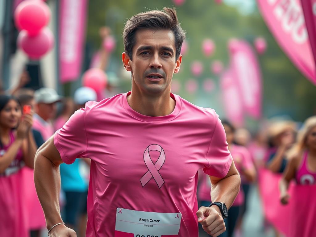 A close-up shot of a determined runner wearing a pink t-shirt with a breast cancer awareness ribbon. The runner is in motion, surrounded by a soft-focus background of cheering spectators and vibrant decorations in shades of pink. The image captures the excitement and camaraderie of the event, shot with a 45mm f/1.2 lens style, emphasizing the runner's focus and passion.