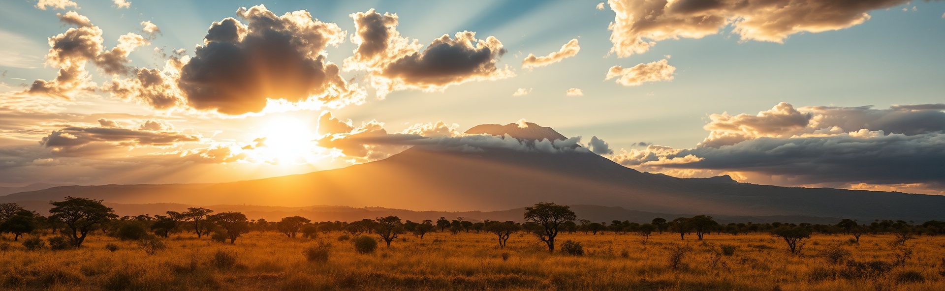 Mount Kenya landscape near Nanyuki - Golden hour with African savanna, acacia trees, and mountain silhouette representing Kingdom mission