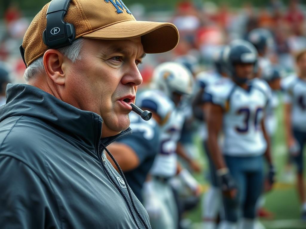 A close-up shot of a high school football coach on the sidelines, passionately instructing players during a game. The coach is wearing a whistle and a cap, with an intense expression, highlighting leadership and focus. The background shows blurred football field elements with players in action, emphasizing the dynamic nature of the sport. The image should capture the coach's enthusiasm and dedication to developing young athletes.