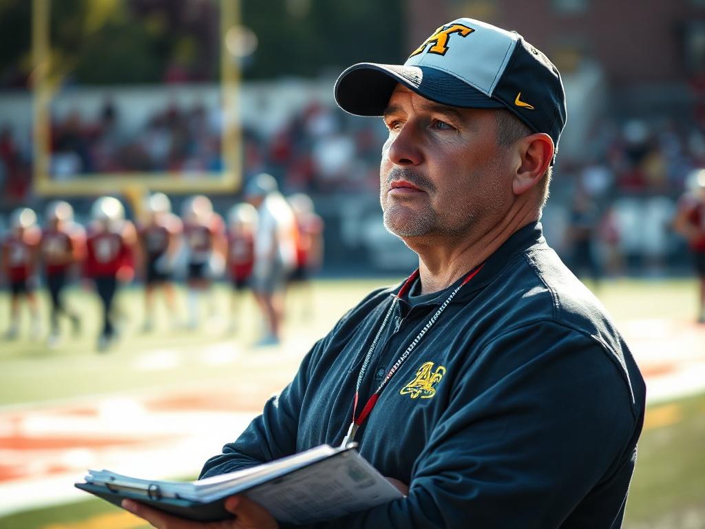 A close-up shot of a focused high school football coach standing on the sidelines during a game. The coach is wearing a whistle around their neck, holding a clipboard with play strategies, and wearing a team cap. The background shows a blurred football field with players in action, emphasizing the dynamic environment. The lighting is bright, capturing the excitement of the game, and the overall image has a professional, hyper-realistic look.