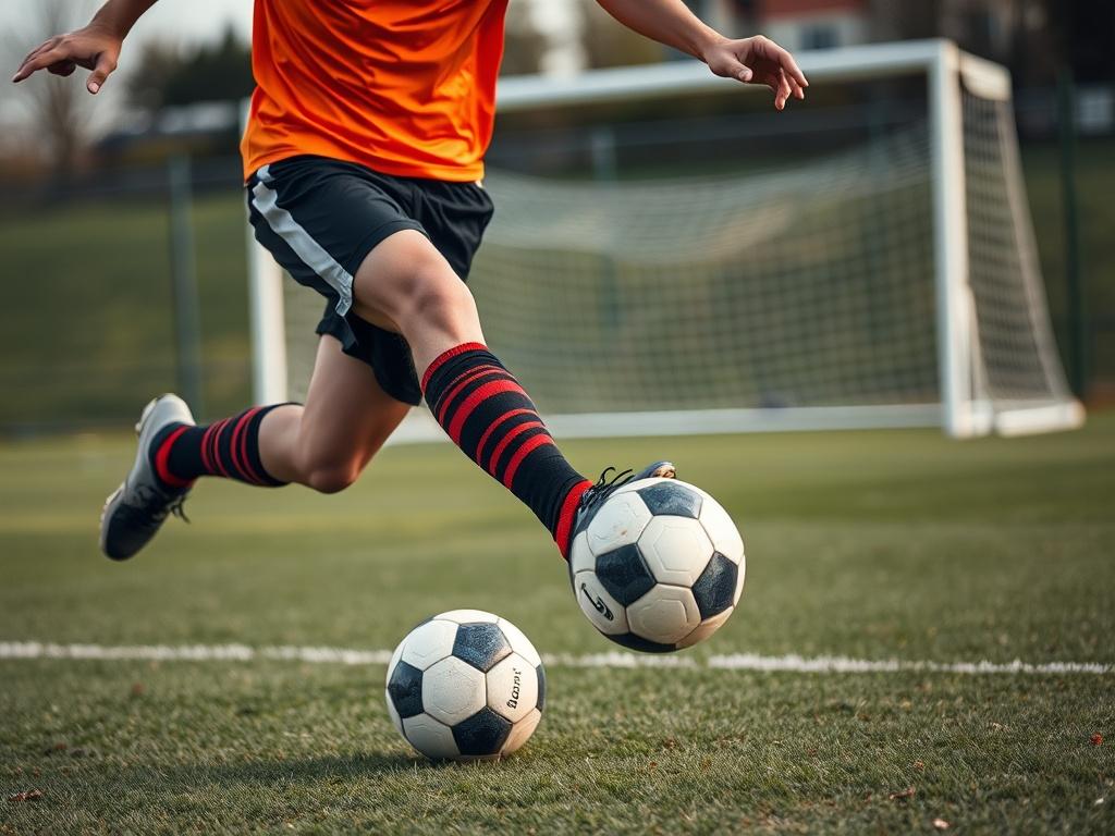 Create a realistic, high-resolution image that captures the essence of "Mastering Kicking Techniques." Focus on a single subject: a soccer player in mid-action, executing a perfect kicking technique. The player should be wearing a vibrant jersey in a contrasting color, with visible determination on their face, emphasizing skill and focus. Position the subject centrally in the frame to draw immediate attention.

The background should feature a well-maintained soccer field, with goalposts slightly blurred to 