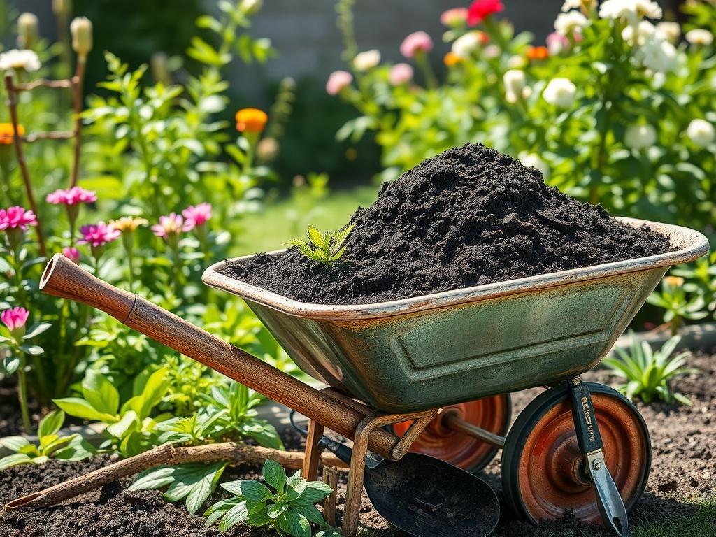**AI Image Generation Prompt:**

Create a realistic high-resolution photo that visually represents the theme "Choosing the Right Topsoil for Your Garden." The composition should be simple and focused, featuring a single subject: a neatly arranged pile of rich, dark topsoil displayed in a wheelbarrow, emphasizing its texture and quality. Surround the wheelbarrow with fresh garden plants and tools, like a hand trowel and pruning shears, to create a context that highlights gardening. 

In the background, depic