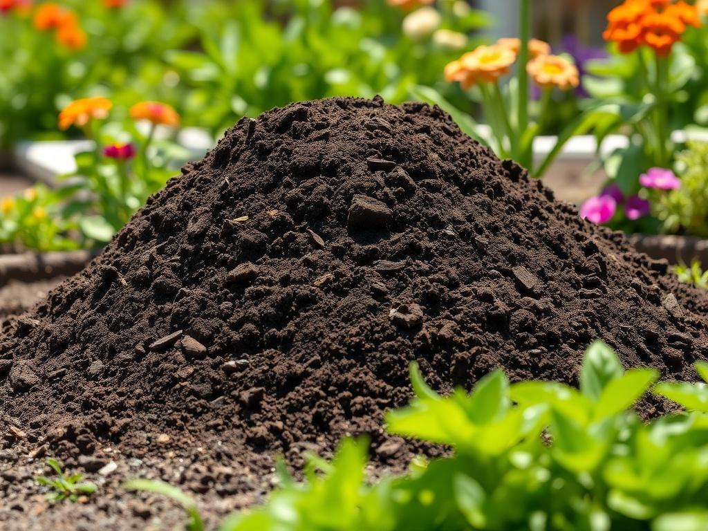 Create a realistic high-resolution photo depicting a single, freshly excavated mound of rich, dark brown topsoil placed in a well-maintained garden setting. The mound should appear heaped naturally, showcasing the texture and density of the soil, with small clumps and earthy particles visible to highlight its quality. In the background, include lush green plants and vibrant flowers, indicating a thriving garden environment that embodies the outcome of using premium topsoil. Ensure that the lighting is warm 