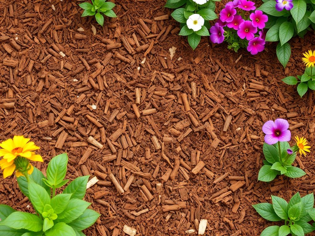 A realistic high-resolution photo of quality mulch in a garden, showing its rich brown color and texture, surrounded by vibrant plants and flowers.