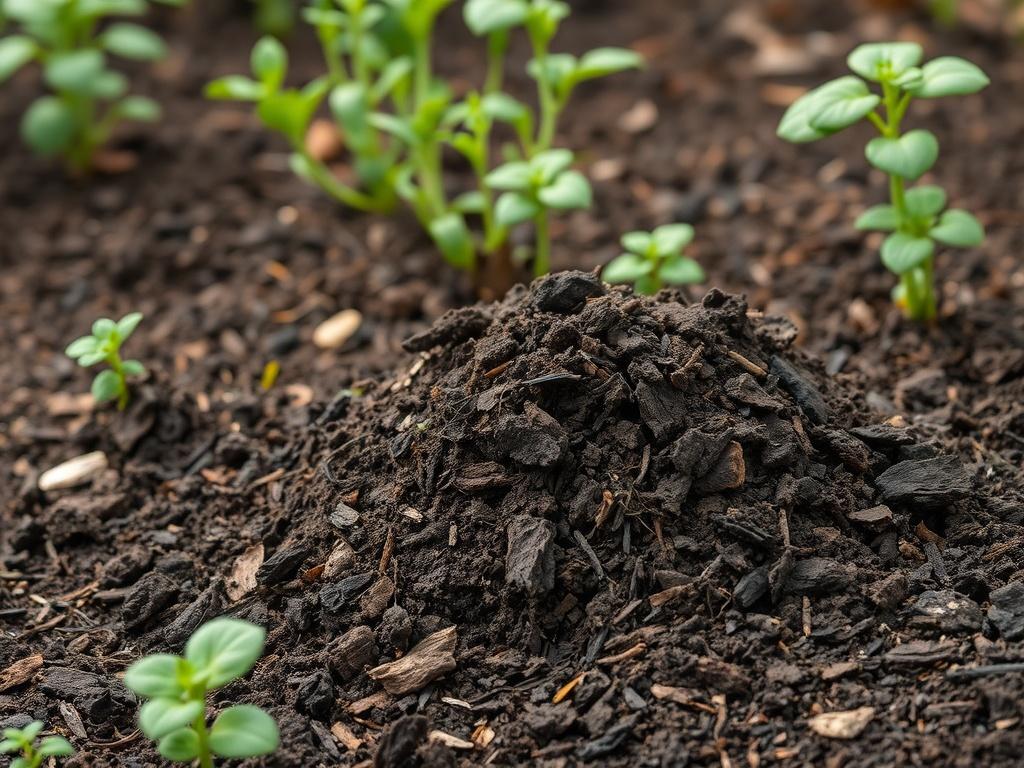 A realistic high-resolution photo of rich, dark compost in a garden setting, illustrating its texture and organic matter, with healthy plants thriving in the background.