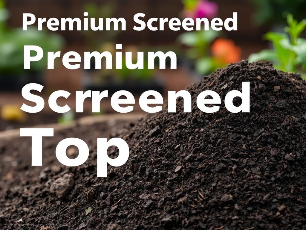 A realistic high-resolution photo of premium screened topsoil in a natural setting, showcasing its dark, rich texture and earthy tones, with a blurred background of a garden or landscape.