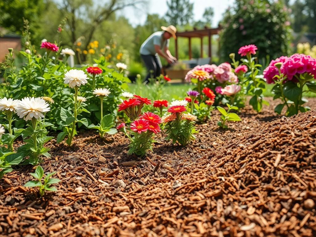 A vibrant garden bed showcasing freshly laid mulch and rich compost, with blooming flowers and healthy plants. The scene should have a sunny, inviting atmosphere, emphasizing the lush greenery and colorful blossoms. A gardener can be seen working in the background, highlighting the practical use of these products. The mulch should have a natural, earthy texture, enhancing the overall aesthetic appeal of the garden.