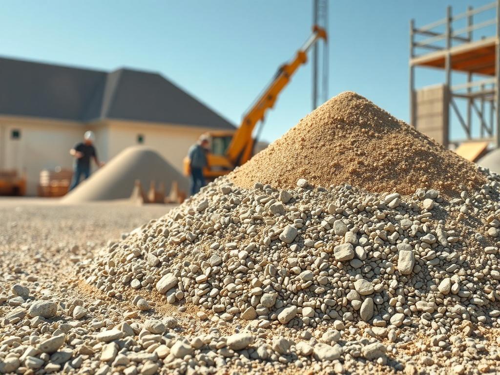 A construction site featuring a pile of gravel and sand, with workers preparing to use the materials for building. The scene should depict a bright, sunny day, with construction equipment in the background. The gravel should appear clean and well-sorted, emphasizing its quality. The site should convey a sense of productivity and reliability, showcasing the importance of quality materials in construction.