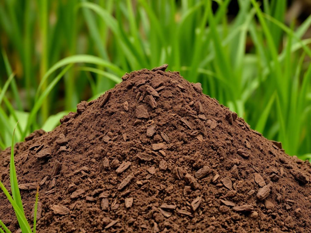A realistic high-resolution photo of premium screened topsoil in a natural setting, showcasing its rich brown color and earthy texture. The image should have a clear focus on a pile of topsoil with lush green grass in the background, emphasizing the quality and natural aspect of the product.