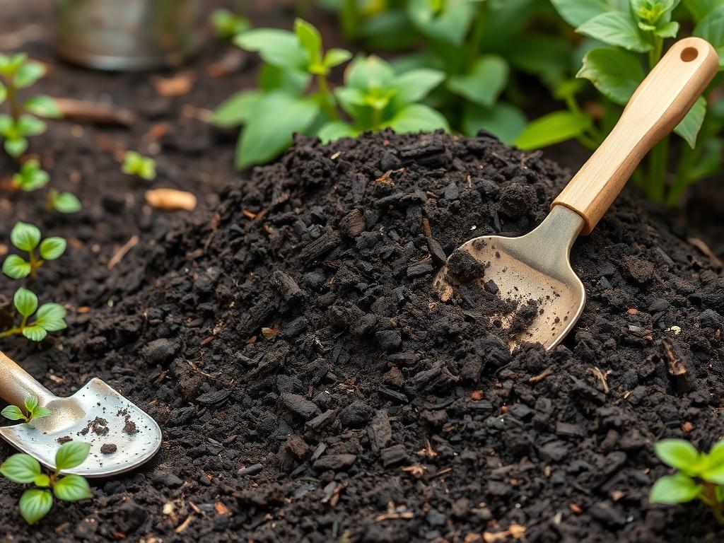 A realistic high-resolution photo of rich, dark compost in a garden setting. The image should highlight a pile of compost with garden tools nearby and green plants in the background, emphasizing the organic nature and quality of the product.